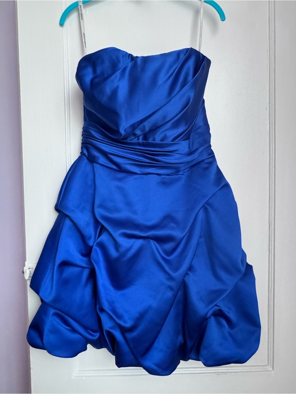 David's Bridal Strapless Satin Dress in Cobalt